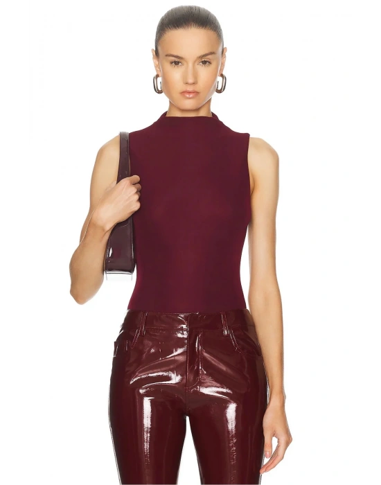 bysoca Kadın Bordo Yüksek Yaka Sıfır Kol Vücudu Saran İpek Jarse Basic Bodysuit