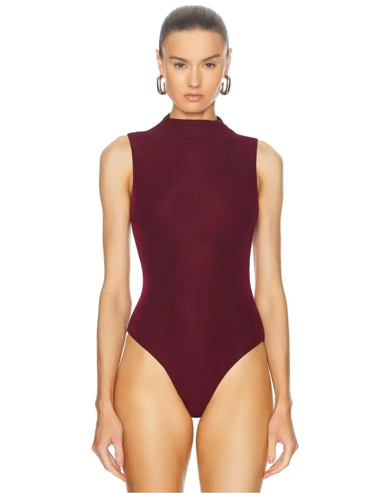 bysoca Kadın Bordo Yüksek Yaka Sıfır Kol Vücudu Saran İpek Jarse Basic Bodysuit