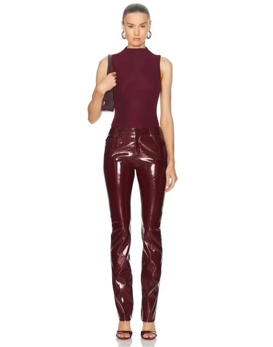 bysoca Kadın Bordo Yüksek Yaka Sıfır Kol Vücudu Saran İpek Jarse Basic Bodysuit