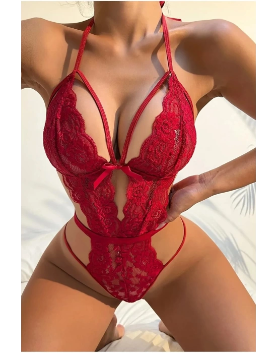 bysoca Kadın Kırmızı Boyundan Bağlamalı Göğüs ve Bel Dekolteli Dantelli Fantezi Body
