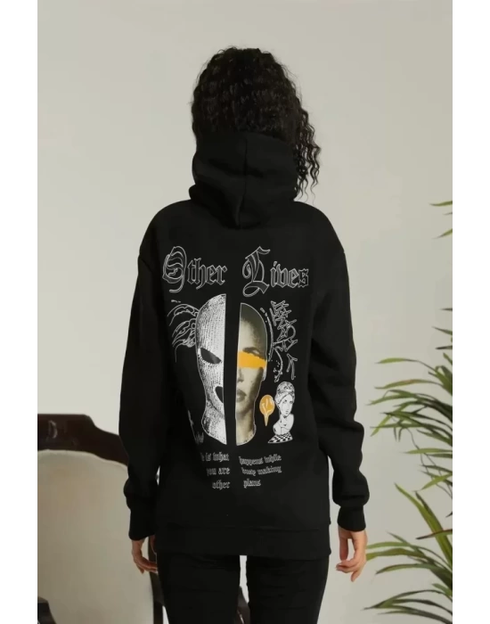 Sırt Baskılı Oversize Üç İplik Kapüşonlu Sweatshirt - Siyah