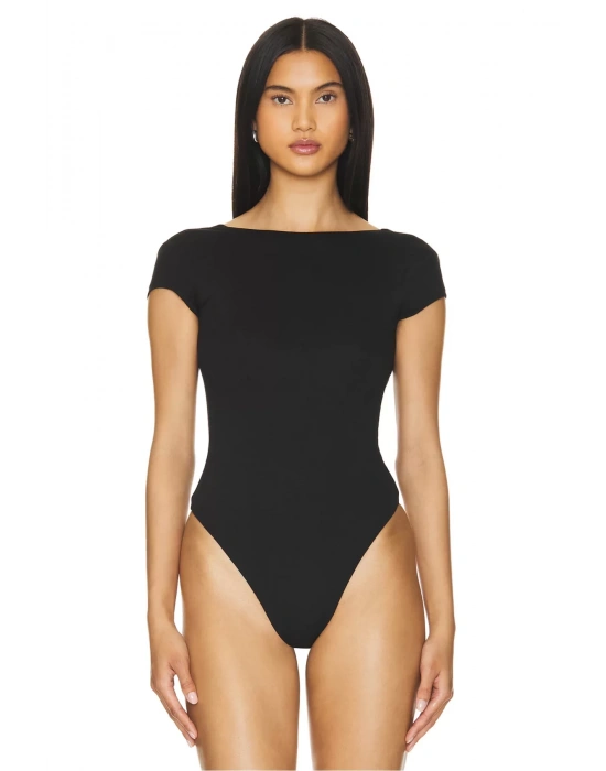 bysoca Kadın Siyah Sırt Dekolteli Kayık Yaka Kısa Kol İpek Jarse Tanga Bodysuit