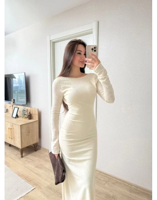 Sırt Dekolteli Uzun Kollu Elbise - Kırık Beyaz