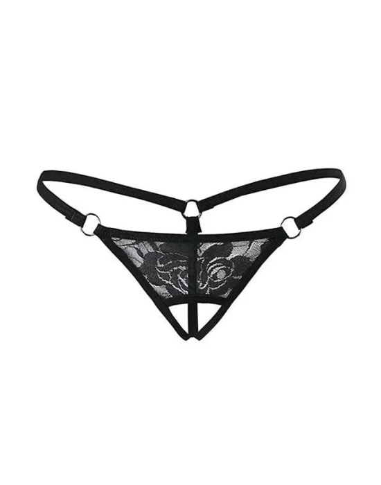 Siyah Dantelli Özel Bölgesi Açık G-String TM1167