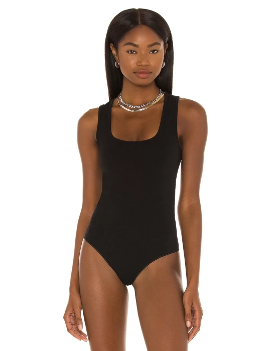 bysoca Kadın Siyah Kalın Askılı Kare Yaka Sıfır Kol Vücudu Saran Jarse Tanga Basic Bodysuit