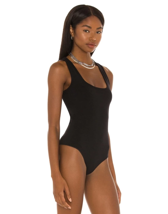 bysoca Kadın Siyah Kalın Askılı Kare Yaka Sıfır Kol Vücudu Saran Jarse Tanga Basic Bodysuit