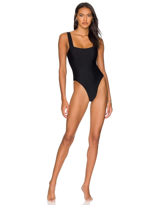 bysoca Kadın Siyah Kalın Askılı Kare Yaka Sırtı Açık Vücudu Saran Jarse Tanga Basic Bodysuit