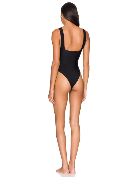 bysoca Kadın Siyah Kalın Askılı Kare Yaka Sırtı Açık Vücudu Saran Jarse Tanga Basic Bodysuit