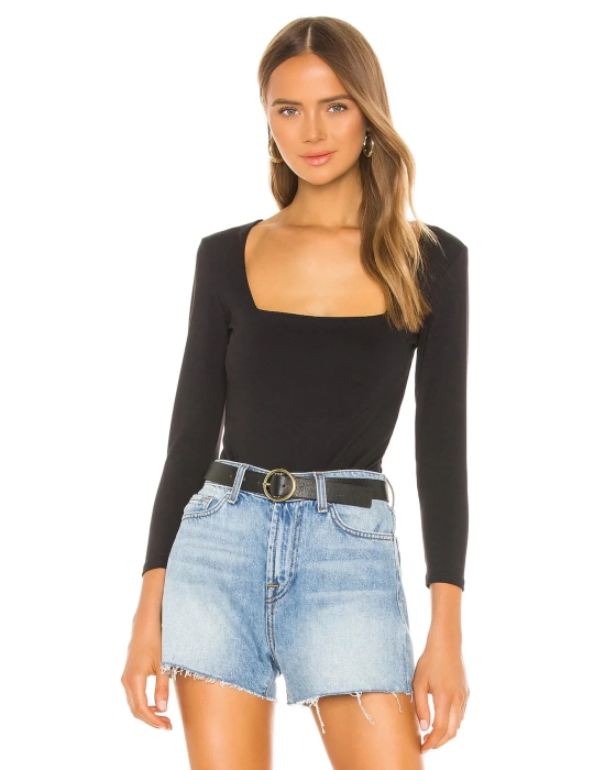 bysoca Kadın Siyah Kare Yaka Uzun Kollu Vücudu Saran Jarse Tanga Basic Bodysuit