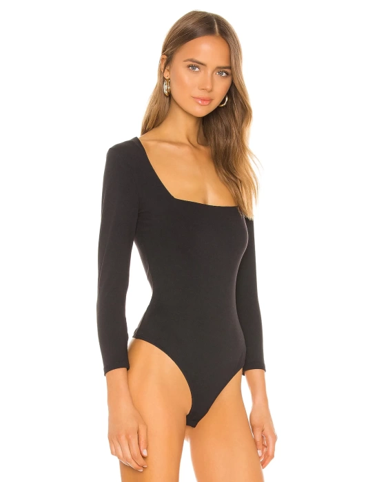 bysoca Kadın Siyah Kare Yaka Uzun Kollu Vücudu Saran Jarse Tanga Basic Bodysuit