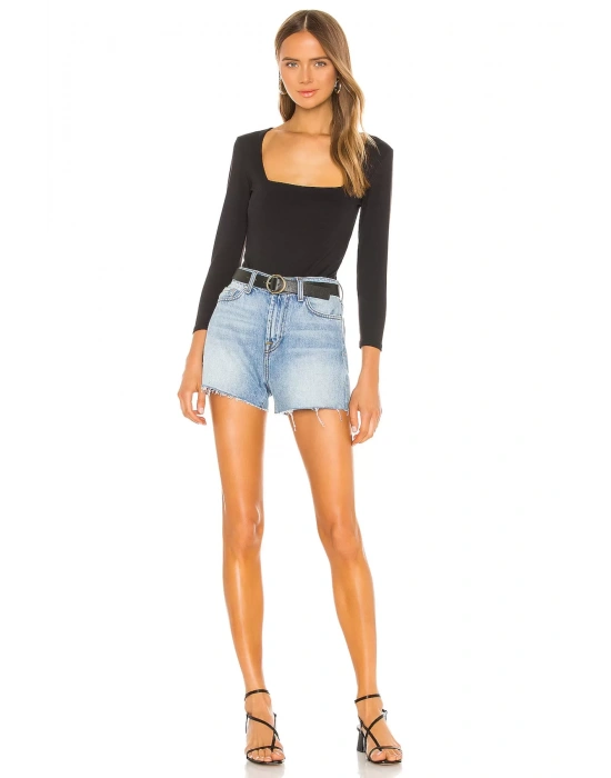 bysoca Kadın Siyah Kare Yaka Uzun Kollu Vücudu Saran Jarse Tanga Basic Bodysuit