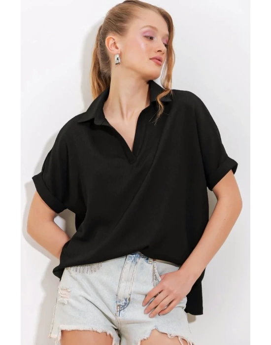Siyah Oversize Polo Yaka Örme Bluz 0486