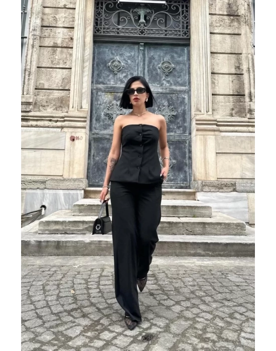 Siyah Straplez Düğmeli Crop Ve Pantolon Takım