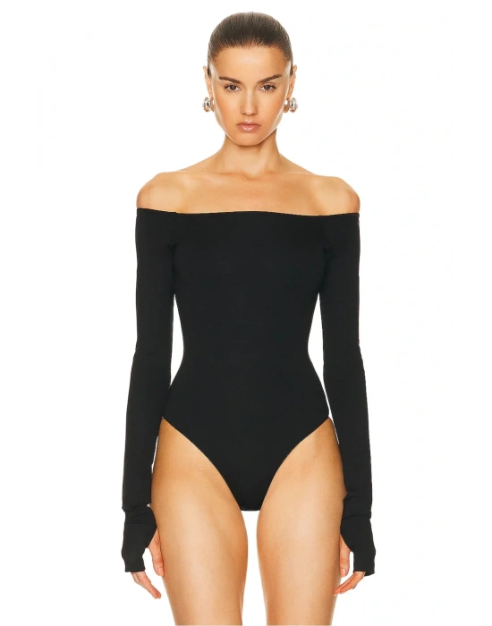 bysoca Kadın Siyah Straplez Düşük Omuz Uzun Kollu Parmak Geçmeli İpek Jarse Bodysuit