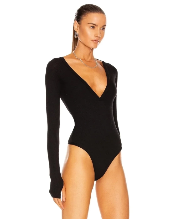 Siyah Uzun Kollu Parmak Geçmeli Body