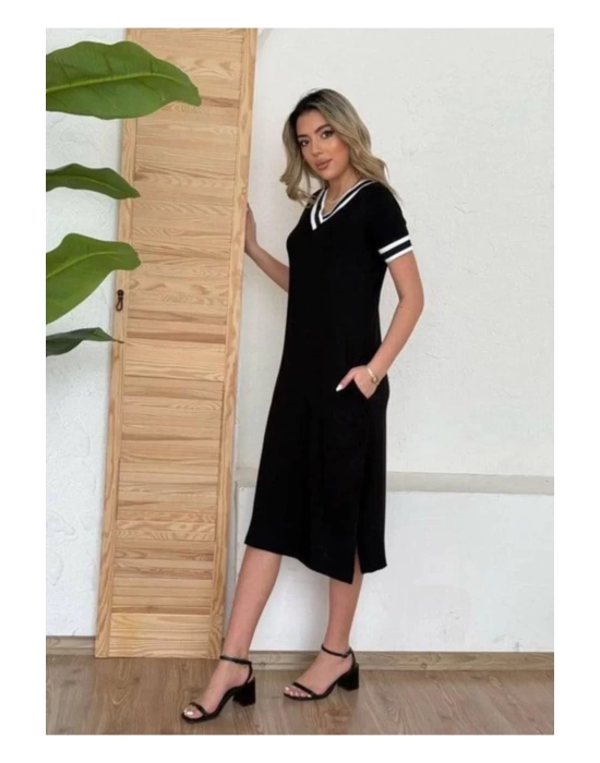 bysoca Kadın Siyah V Yaka Yaka Kolu Beyaz Çizgili Yandan Yırtmaçlı Cepli Rahat Midi Viskon Elbise