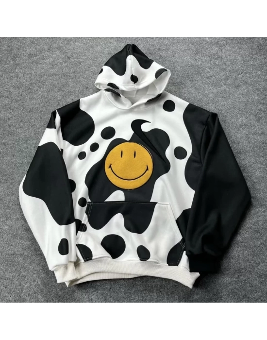 Smiley Face Kapüşonlu Sweatshirt - Siyah