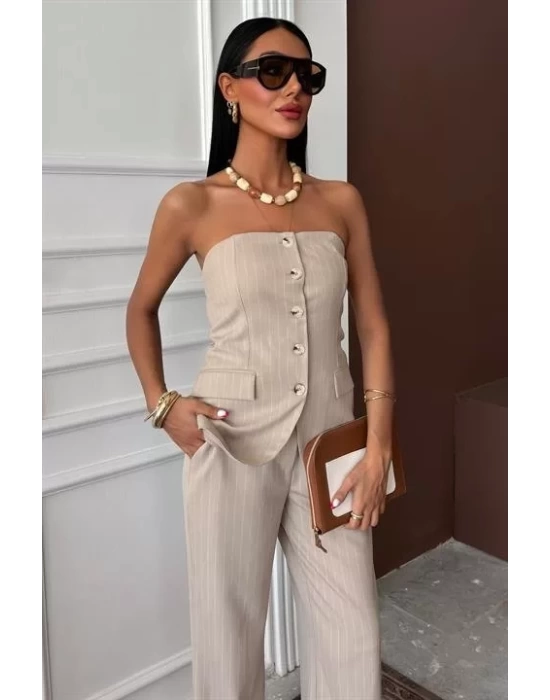 Straplez Büstiyerli Plazzo Pantolonlu Çizgili Takım 10151