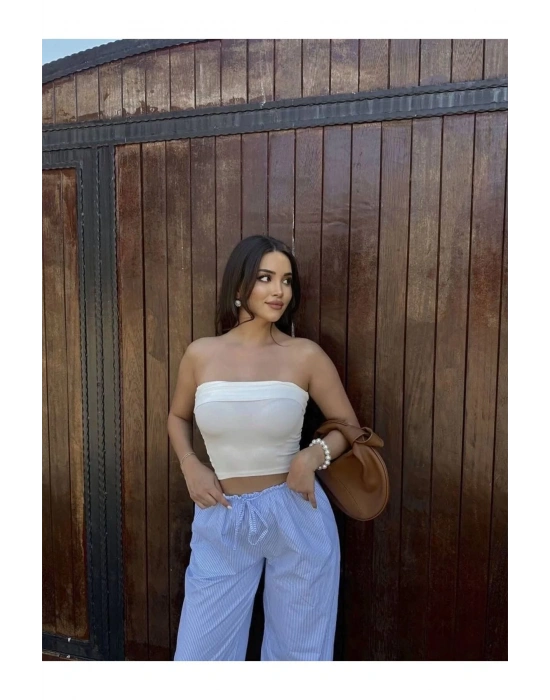 bysoca Kadın Beyaz Straplez Kaşkorse Fitilli Sırtı Açık Basic Crop Top Büstiyer Bluz
