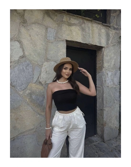 bysoca Kadın Siyah Straplez Kaşkorse Fitilli Sırtı Açık Basic Crop Top Büstiyer Bluz