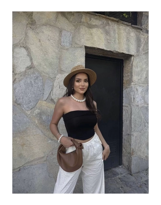 bysoca Kadın Siyah Straplez Kaşkorse Fitilli Sırtı Açık Basic Crop Top Büstiyer Bluz