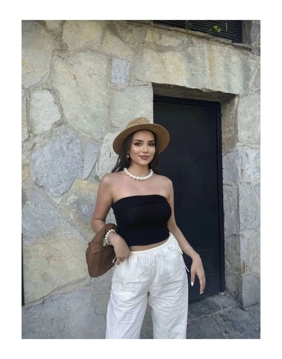 bysoca Kadın Siyah Straplez Kaşkorse Fitilli Sırtı Açık Basic Crop Top Büstiyer Bluz