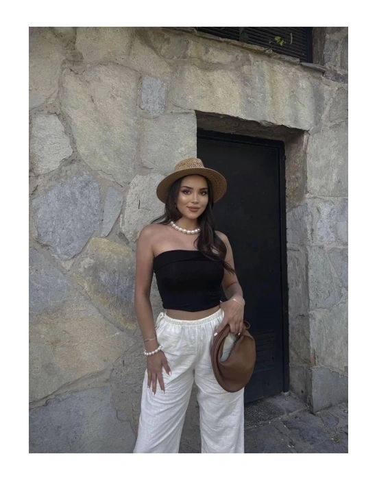 bysoca Kadın Siyah Straplez Kaşkorse Fitilli Sırtı Açık Basic Crop Top Büstiyer Bluz