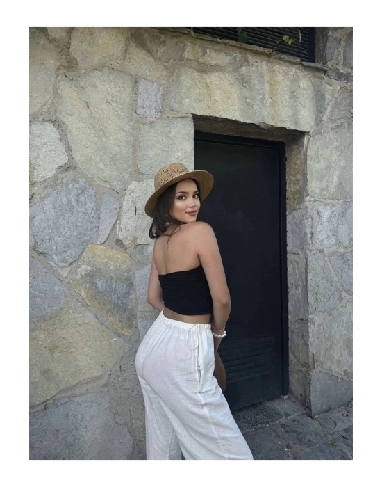 bysoca Kadın Siyah Straplez Kaşkorse Fitilli Sırtı Açık Basic Crop Top Büstiyer Bluz