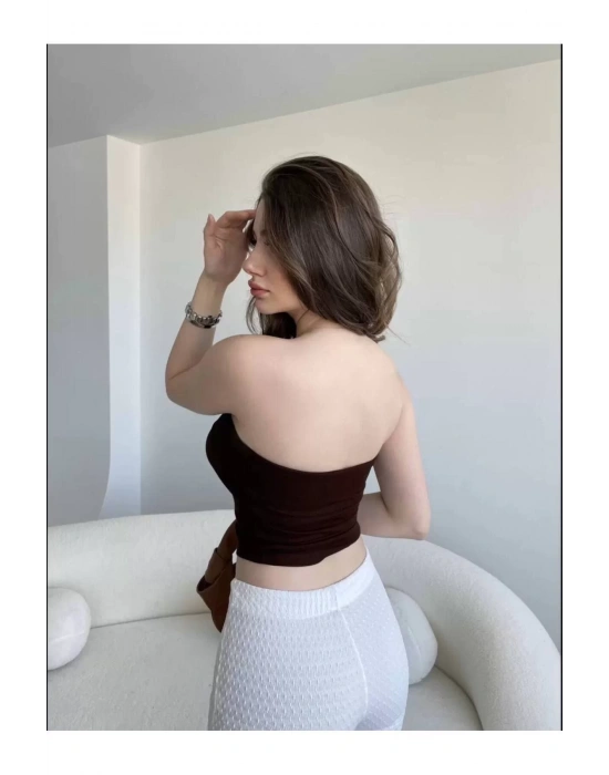 bysoca Kadın Kahverengi Straplez Kaşkorse Fitilli Sırtı Açık Basic Crop Top Büstiyer Bluz