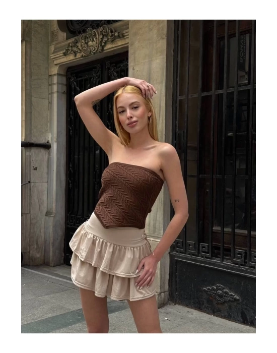 Straplez Desenli Triko Büstiyer Top - Yazlık Kadın Crop
