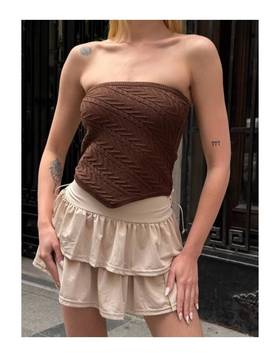Straplez Desenli Triko Büstiyer Top - Yazlık Kadın Crop