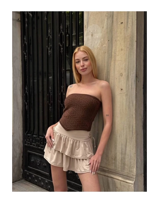 Straplez Desenli Triko Büstiyer Top - Yazlık Kadın Crop