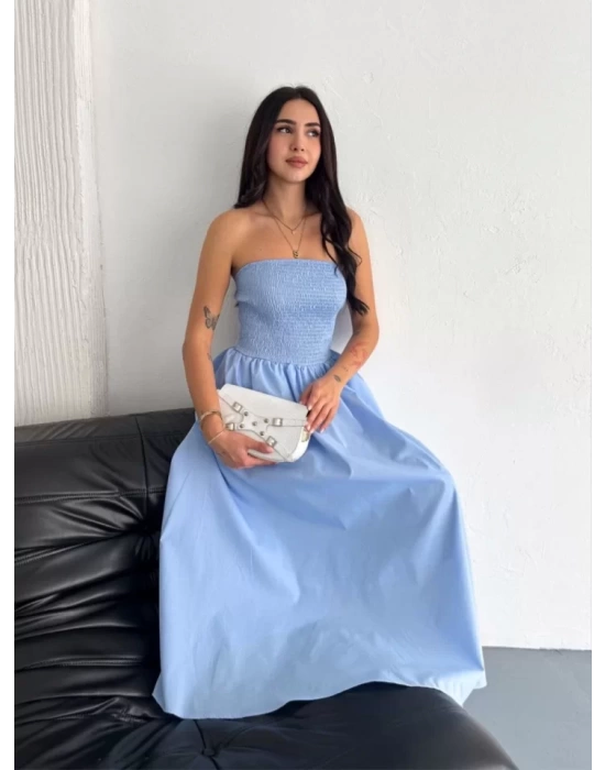 Straplez Pileli Elbise - Açık Mavi