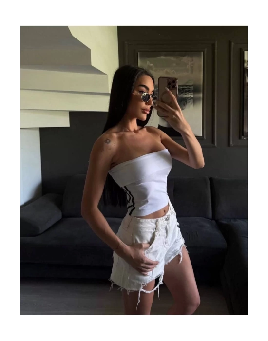 bysoca Kadın Beyaz Yanı Beyaz Şeritli Yazlık Straplez Crop Top Sporcu Büstiyer