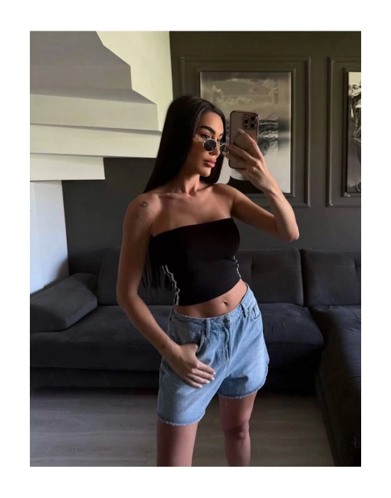 bysoca Kadın Siyah Yanı Beyaz Şeritli Yazlık Straplez Crop Top Sporcu Büstiyer