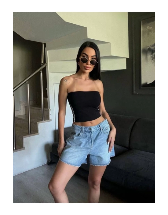 bysoca Kadın Siyah Yanı Beyaz Şeritli Yazlık Straplez Crop Top Sporcu Büstiyer
