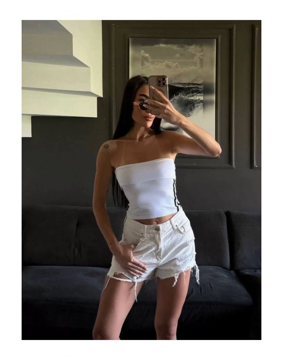 bysoca Kadın Beyaz Yanı Beyaz Şeritli Yazlık Straplez Crop Top Sporcu Büstiyer