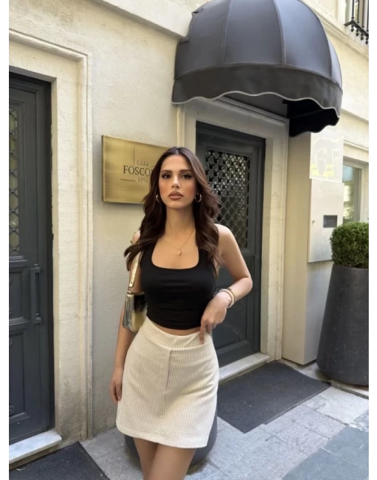 Su Yolu Çizgili Kolay Kombinle Ne Bilir Mini Boy Etek - Bej