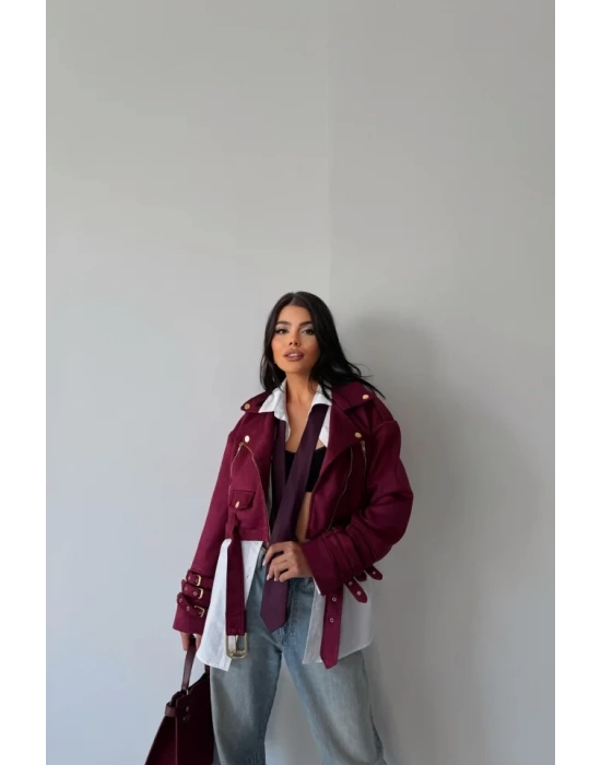 SÜET CROP CEKET KOL 3 KEMER DETAYLI - Bordo