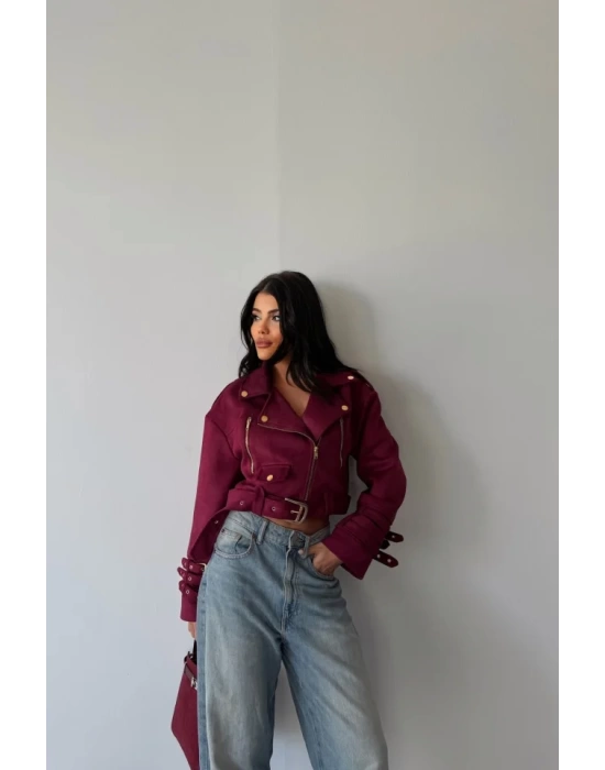 SÜET CROP CEKET KOL 3 KEMER DETAYLI - Bordo