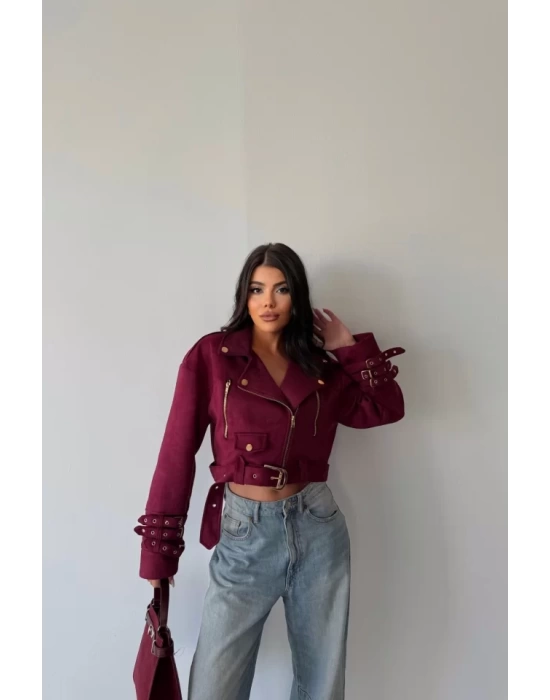 SÜET CROP CEKET KOL 3 KEMER DETAYLI - Bordo