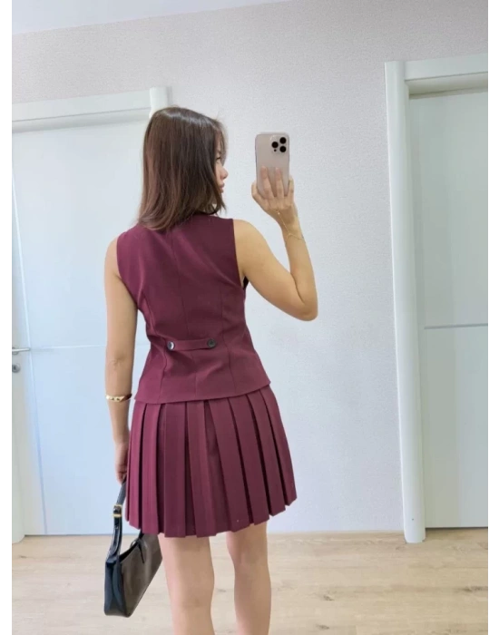 Takım Görünümlu Yelekli Mini Elbise- Bordo