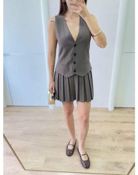 Takım Görünümlu Yelekli Mini Elbise- Füme