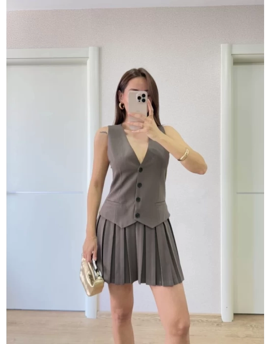 Takım Görünümlu Yelekli Mini Elbise- Füme