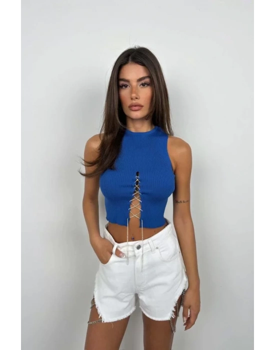 Taş Detay Dekolteli Crop Bluz