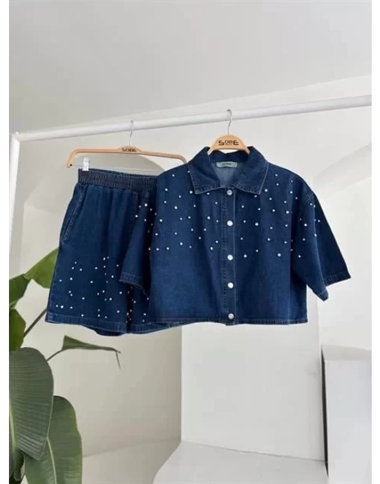 Taş Detaylı Gömlek Şort Denim Takım 10175