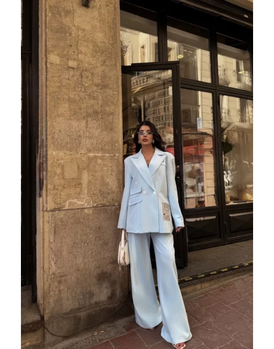 TASARIM ETİKET DETAYLI CEKET - PANTOLON TAKIM - Bebe Mavi