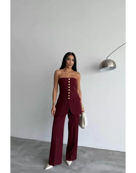 TASARIM GOLD DÜĞMELİ STRAPLEZYELEK - Bordo
