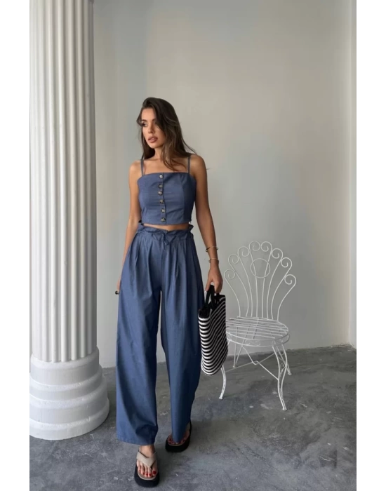 TENCEL CROP ASKILI BLUZ - ŞALVAR PANTOLON TK - İndigo