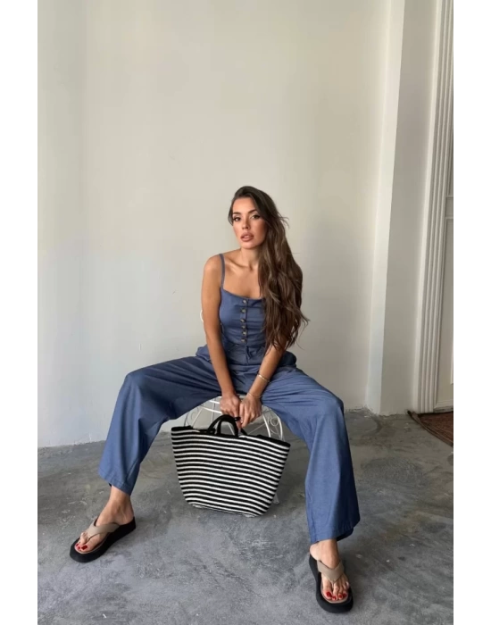 TENCEL CROP ASKILI BLUZ - ŞALVAR PANTOLON TK - İndigo